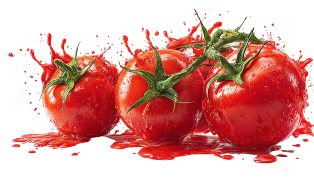 A vibrant, wet red tomato bursts with juice and water droplets, creating an energetic splash effect against a striking black backdrop. background removed
