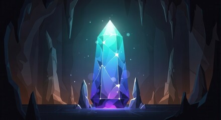 Gigantic luminous gemstone radiates vibrant light inside a dark subterranean cavern