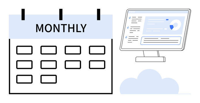 Calendar labeled Monthly paired with a computer monitor showing analytics dashboard. Ideal for planning, scheduling, time management, productivity, analytics, organization, simple flat metaphor - Powered by Adobe