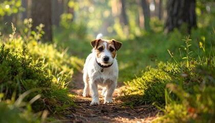 Obraz premium Small dog walks on a forest path in golden hour sunlight.