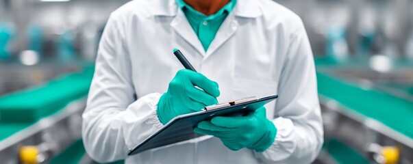 Person's hand ,warehouse, checking, Processed food ,factory, Quality Control in Clean Food Packing Zone - Hand Signing off Checklist Clipboard with Copy Space for Text