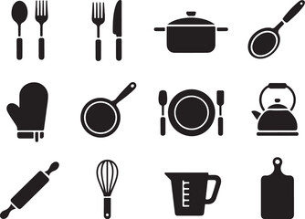 Collection of kitchen utensils and cooking equipment icons
