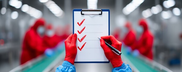 Person's hand ,warehouse, checking, Processed food ,factory, Quality Control Inspector Signing Off Checklist in Food Packing Area with Copy Space for Text