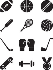 Collection of black and white sports equipment icons on white background