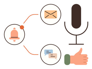 Notification bell, email, chat bubbles linked to microphone and thumbs-up icon. Ideal for communication, messaging, AI, alerts, workflow automation productivity. Simple flat metaphor