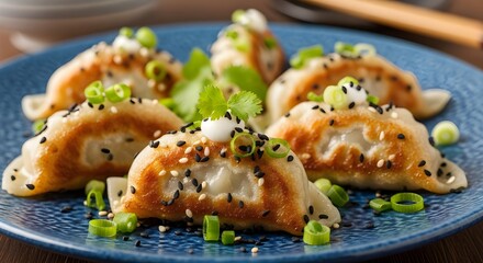 Delicious pan fried dumplings filled with savory meat and vegetables garnished with fresh green onions and sesame seeds on a blue plate