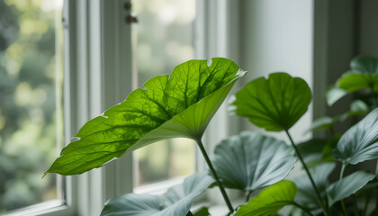 Tack-sharp monstera and philodendron near a window, crisp leaf textures in soft diffused daylight, smooth bokeh, natural green tones, no grain, set in a clean Scandinavian interior.