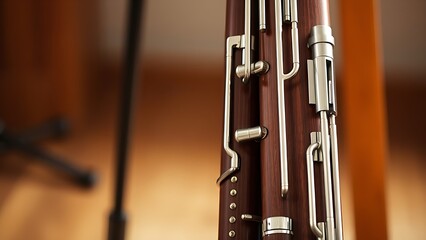 bassoon. Wooden bassoon on a stand with silver keys, detailed wood grain under soft studio lighting. lifestyle magazines, social media lookbooks, designed for influencer and brand collaborations.
