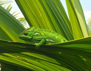 Camouflaged chameleon perched gracefully on lush green leaves in its habitat