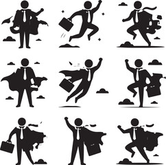 Superhero businessman icons in dynamic poses with briefcases