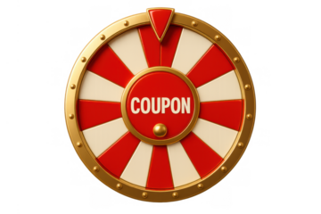Wheel of fortune for coupon prize promotion. Spinning game of chance winning discounts, isolated on transparent background