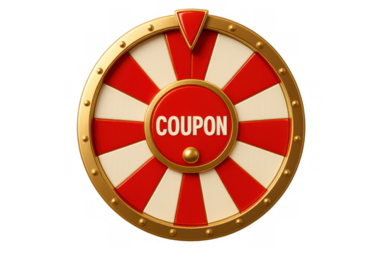 Wheel of fortune for coupon prize promotion. Spinning game of chance winning discounts, isolated on transparent background