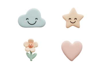 Cute cartoon cloud star flower and heart shapes on black background