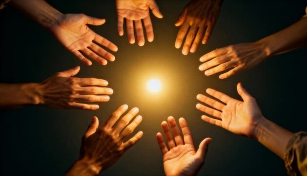 diverse hands reaching inward toward a central glowing point, perfect for solidarity day, global unity and community connection symbol