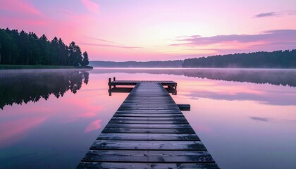 Fototapeta premium A wooden pier stretches across a tranquil lake during a vibrant sunrise, with soft mist hovering over the water's surface.