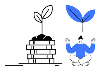Plant growing from stacked coins symbolizes financial growth. Meditation figure promotes balance, mindfulness. Ideal for investment, sustainability, mental health, finance, growth, mindfulness