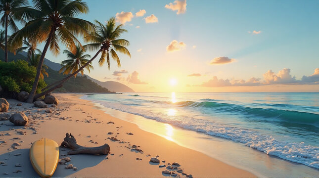 A calm seaside scene with golden sunset reflecting on the ocean waves, soft sand dunes dotted with seashells and driftwood, a lone surfboard resting near