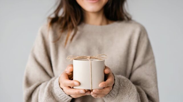 A woman holds a small, elegantly wrapped gift box with both hands, presenting it forward. The focus is on the present and her gesture, creating a warm and inviting atmosphere