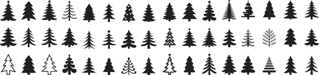 Variety of black Christmas tree silhouette and outline vector icons for winter holiday projects.