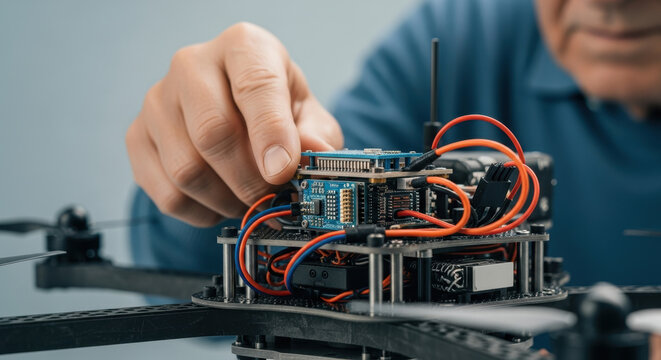 Engineer assembling custom drone prototype by adjusting electronic circuit board and colorful wiring, focusing on innovation, maintenance, testing, technology and precision engineering - Powered by Adobe