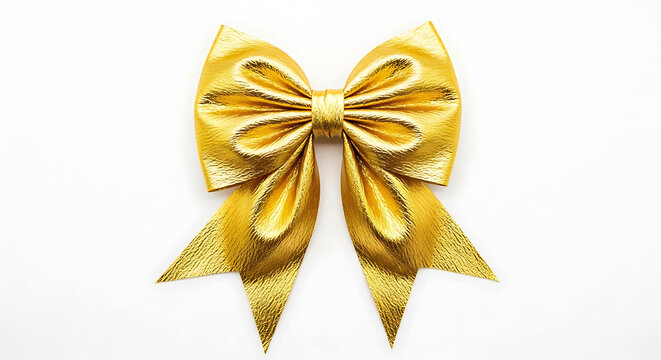 Shiny golden bow with textured ribbon on white background metallic