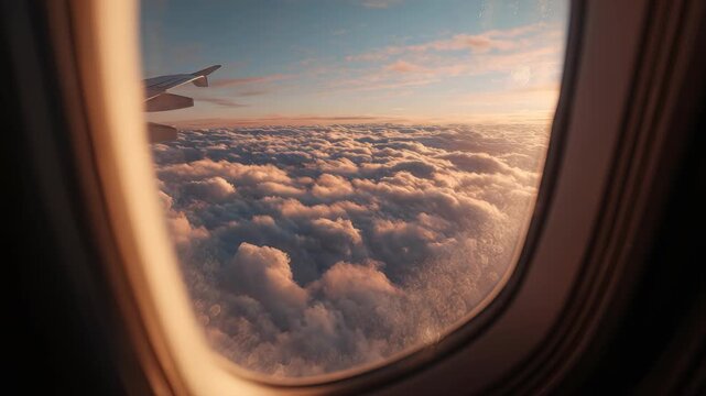 A breathtaking view of fluffy clouds and a vibrant sunset sky is seen through an airplane window during a peaceful flight. The tranquil atmosphere evokes a sense of wanderlust and adventure