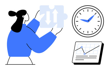 Woman holding process puzzle piece, clock displays time management, performance chart shows progress. Ideal for planning, time efficiency, teamwork, process optimization, productivity, goal tracking