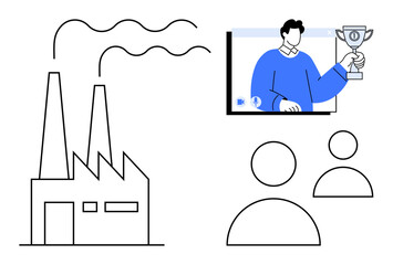 Factory with smokestacks, virtual trophy presentation on screen, and two generic user icons. Ideal for environmental impact, virtual events, manufacturing, collaboration, teamwork, industry