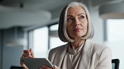 Focused senior business woman with gray hair using a digital tablet and stylus in a modern office showcasing professional expertise and thoughtful planning - Powered by Adobe