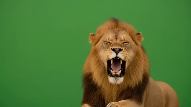 A powerful male lion lets out a mighty roar in a medium shot on a green screen background
