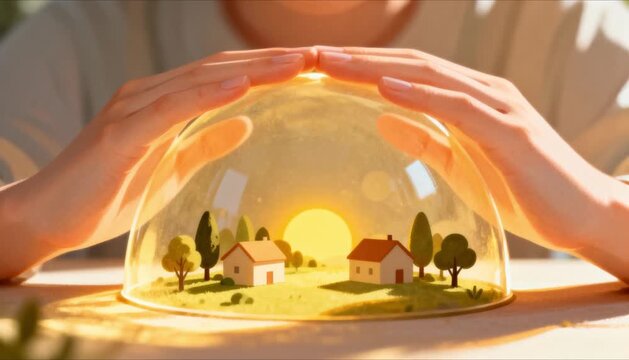Hands forming a protective dome over a simplified miniature world, perfect for solidarity day
