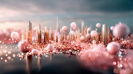A fantastical city skyline composed of tall, slender buildings adorned with shimmering pink glitter and surrounded by soft, floating pink spheres.