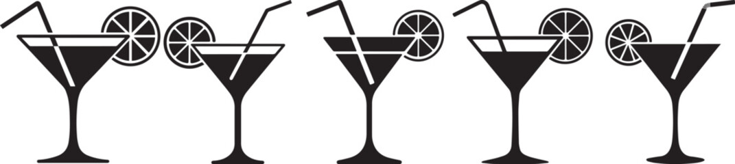 Silhouettes of classic cocktail drinks featuring citrus garnish and straw in a modern vector design.