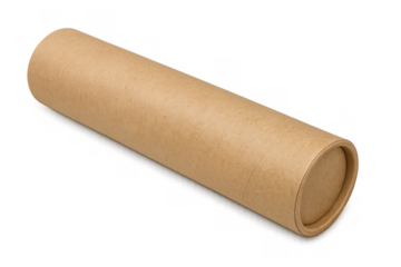 Brown kraft paper cardboard tube cylinder displaying sustainable packaging concept for mailing and goods with a transparent background