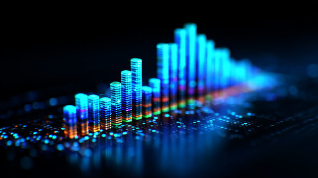 Blue and green glowing bar charts with digital effect futuristic data visualization financial growth technology abstract background vibrant modern energetic