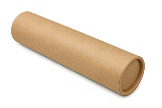 Brown kraft paper cardboard tube cylinder displaying sustainable packaging concept for mailing and goods with a transparent background - Powered by Adobe