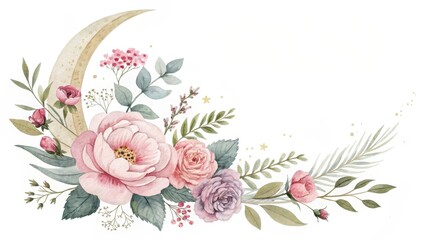 Delicate watercolor floral arrangement featuring a crescent moon shape