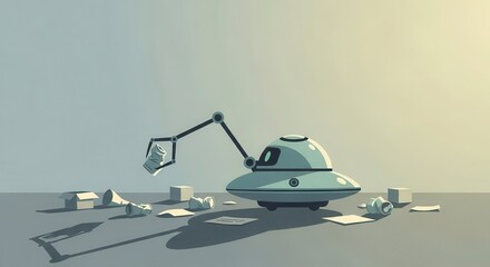 Automated machine performs cleanup duties by collecting scattered debris with an articulated arm