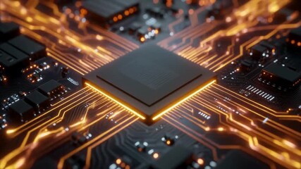 Closeup of a glowing computer processor on a circuit board with orange light. - Powered by Adobe