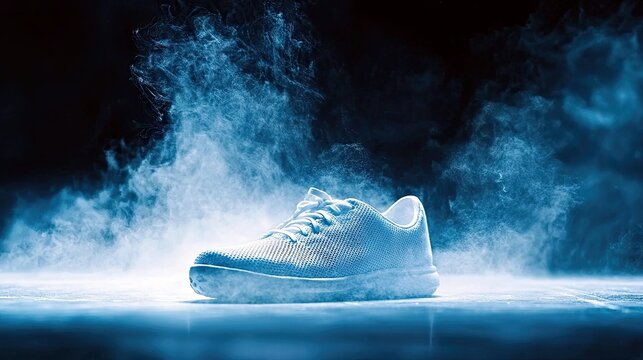 A white athletic shoe is illuminated by blue light, surrounded by swirling blue smoke against a dark background.