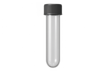 Empty clear glass test tube with screw cap, laboratory science research equipment, medical sample container object on transparent background