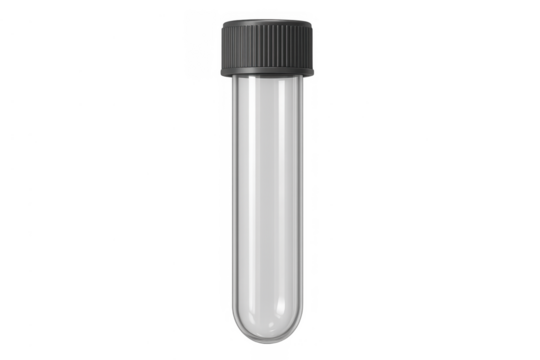 Empty clear glass test tube with screw cap, laboratory science research equipment, medical sample container object on transparent background