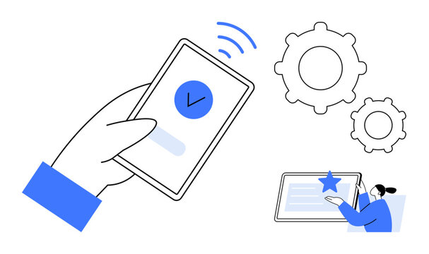 Hand holding smartphone with checkmark, gears representing app configuration, person interacting with tablet. Ideal for technology, app usage, productivity, settings, digital tools, user interface