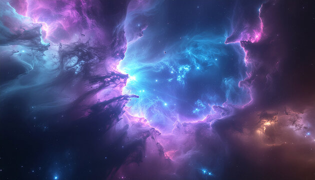 Colorful nebula with blue, purple, and orange hues, showcasing cosmic dust and gas clouds in space.