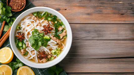 Fresh noodle soup with cilantro, star anise, green onion and lemon zest, aromatic and comforting