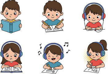 Cartoon children learning activities, creative expression, reading and writing, music and drawing, educational diversity, headphones, focused faces, colorful design, school theme, joyful illustration