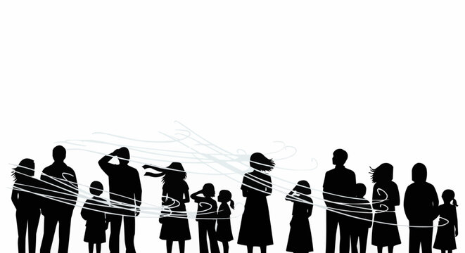 Silhouetted figures entangled in string, symbolizing societal constraints and interconnectedness.