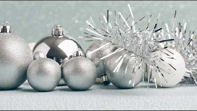 Sparkling silver Christmas ornaments reflecting festive holiday cheer, perfect for seasonal promotions and elegant winter celebrations, so magical