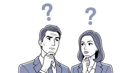 thoughtful business man and woman contemplating a difficult problem with question marks symbolizing strategic decision-making and corporate challenges.