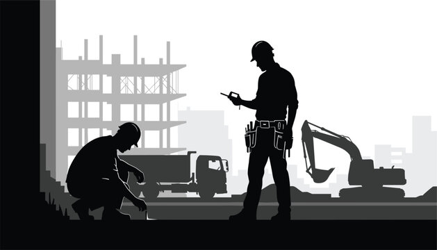 Silhouette of construction workers supervising heavy machinery and building structure development at a worksite during daytime, symbolizing engineering and labor